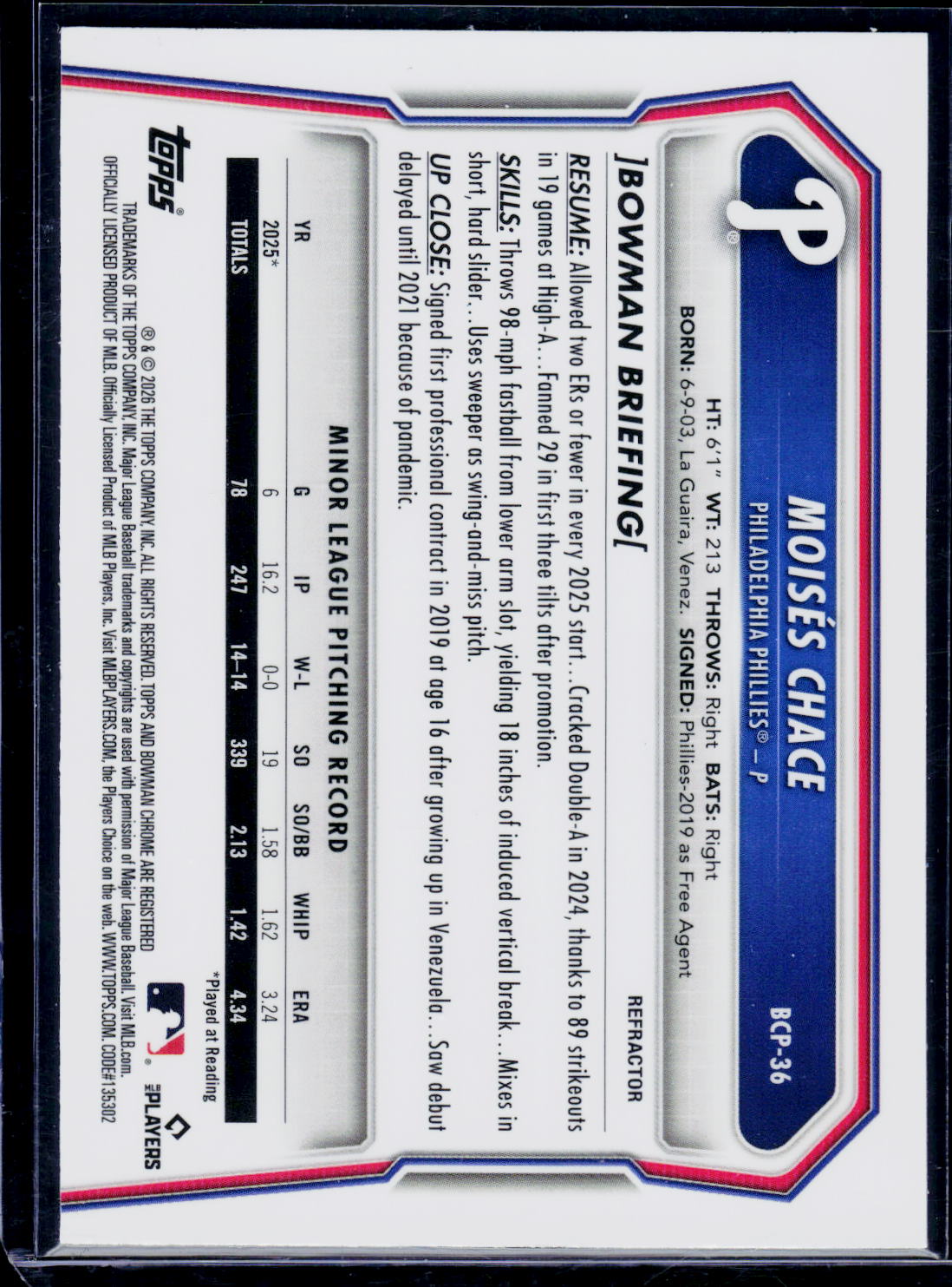 2026 Bowman #BCP-36 Moisés Chace Chrome Prospects Refractor #/499