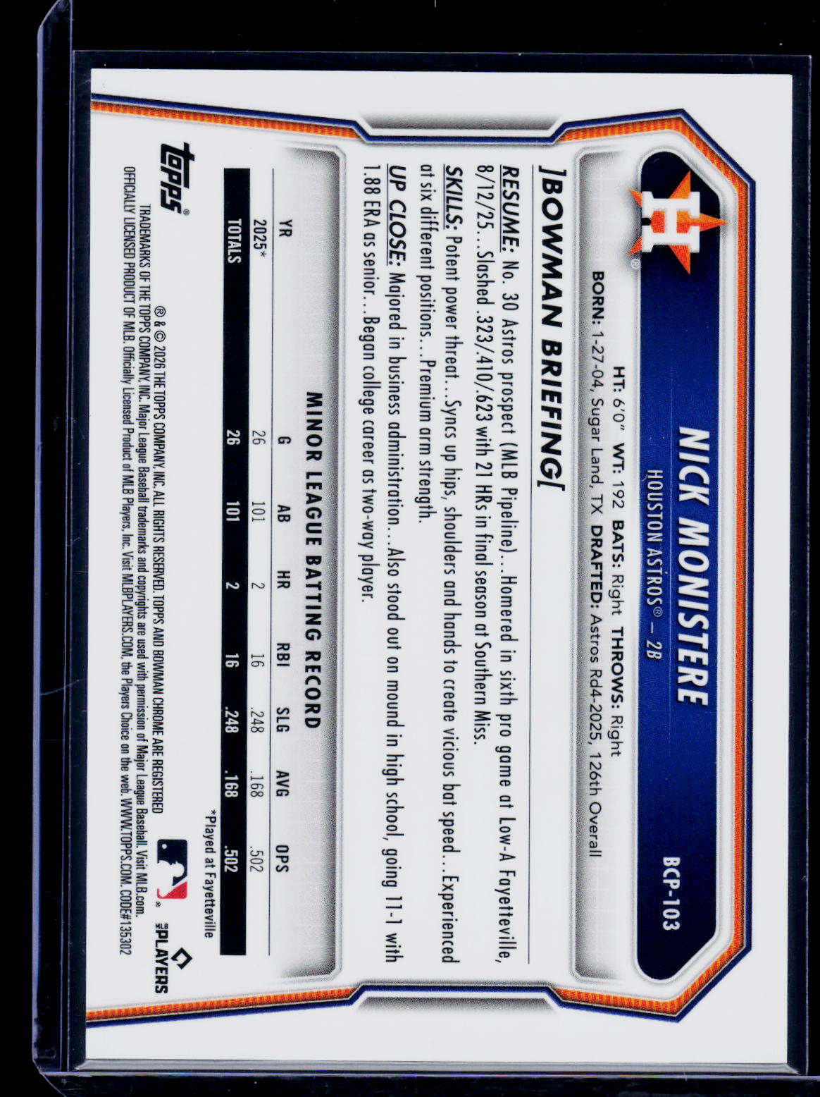 2026 Bowman #BCP-103 Nick Monistere Chrome Prospects Green Refractor #/99