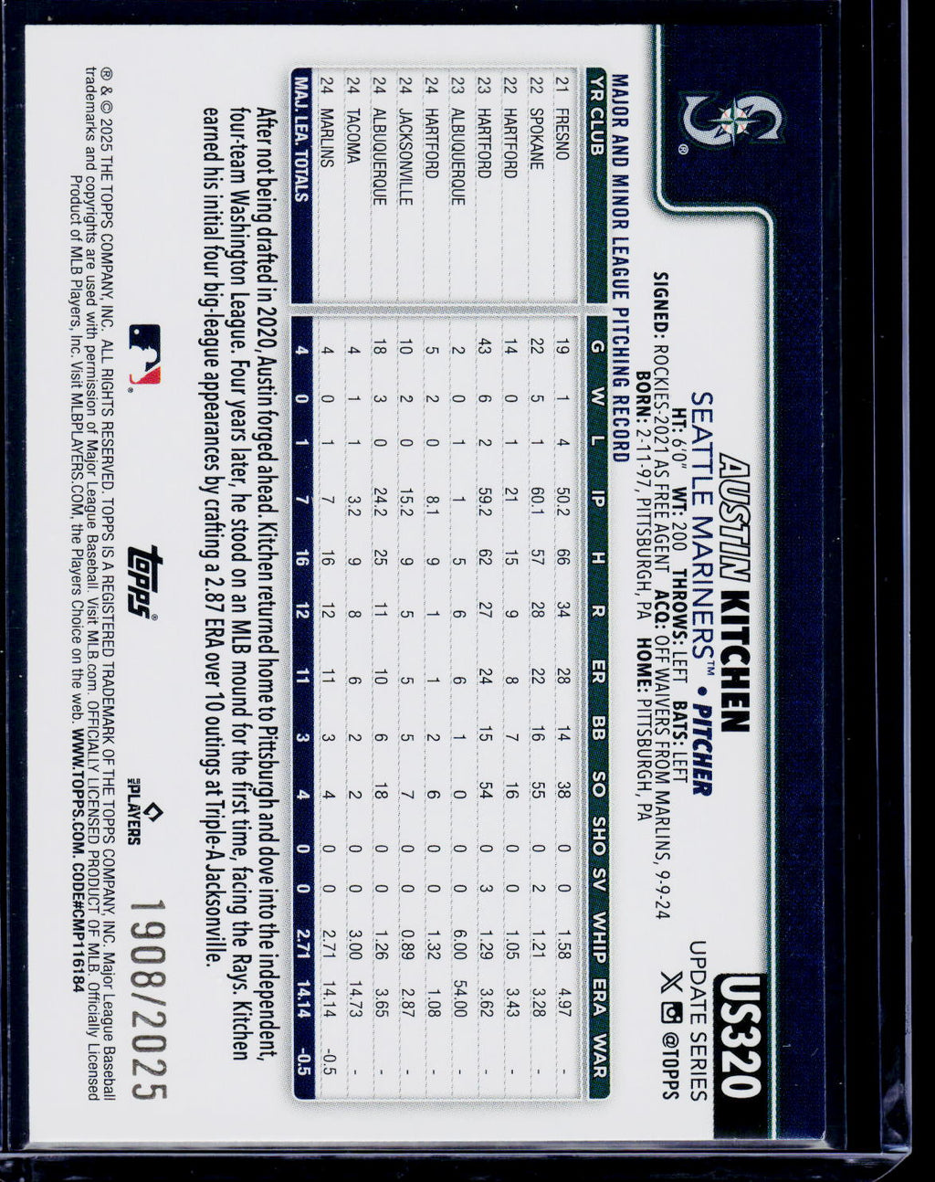 2025 Topps Update #US320 Austin Kitchen Gold #/2025