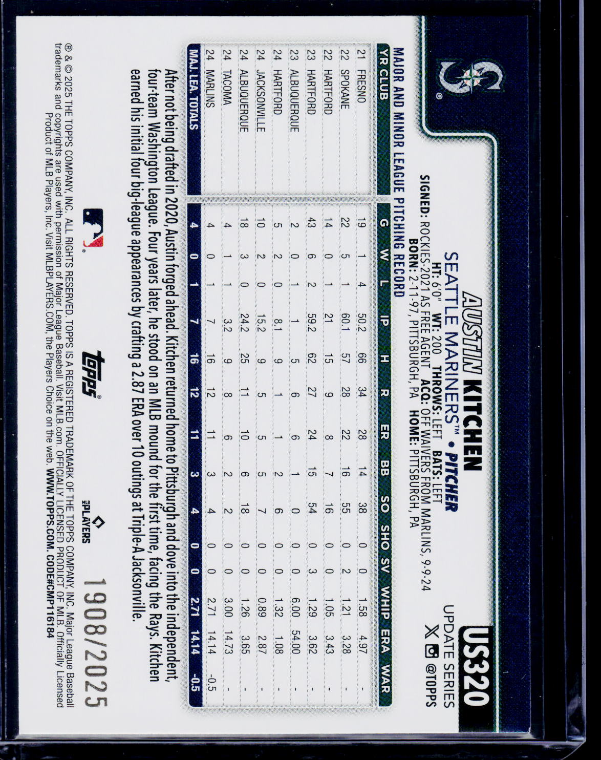 2025 Topps Update #US320 Austin Kitchen Gold #/2025
