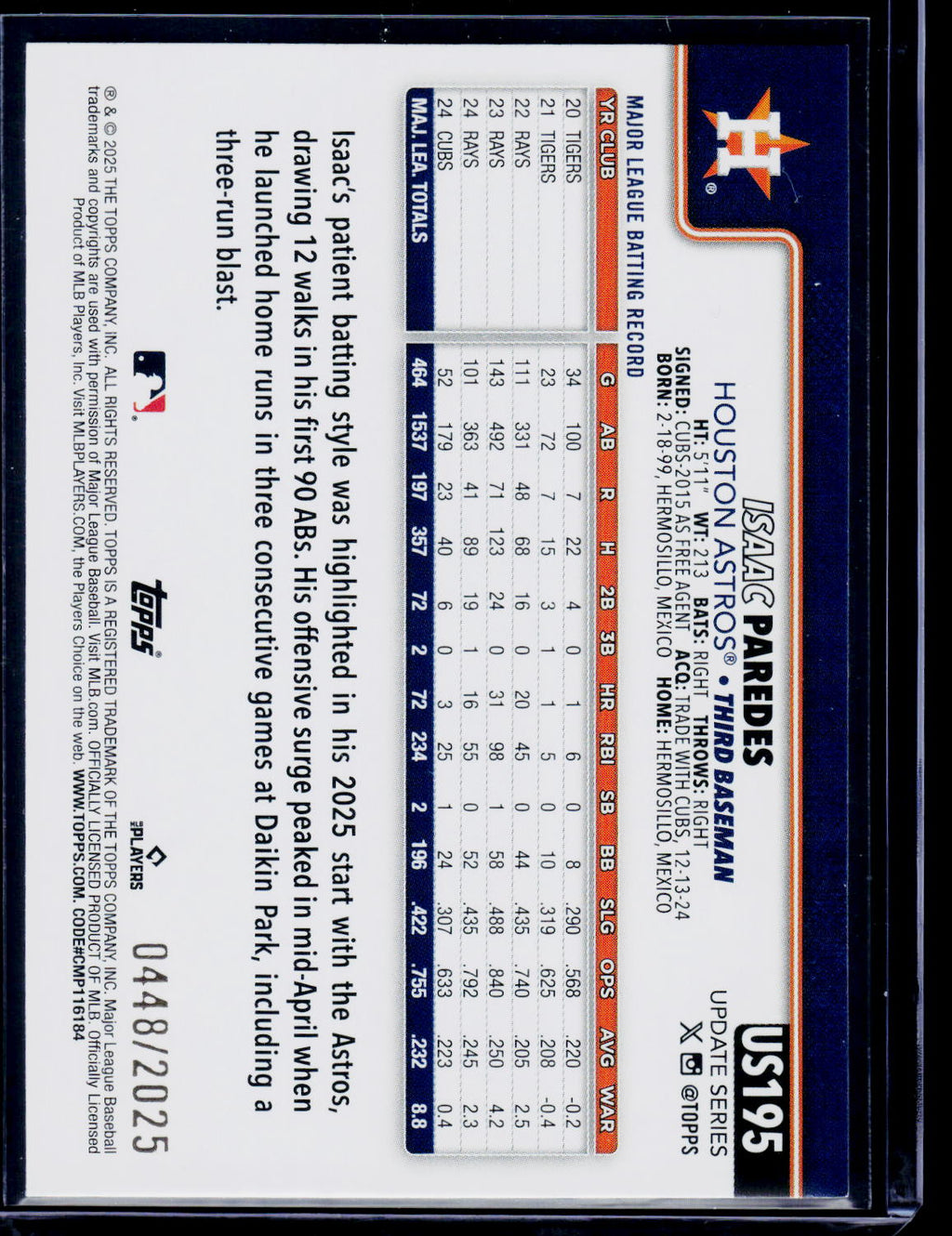 2025 Topps Update #US195 Isaac Paredes Gold #/2025