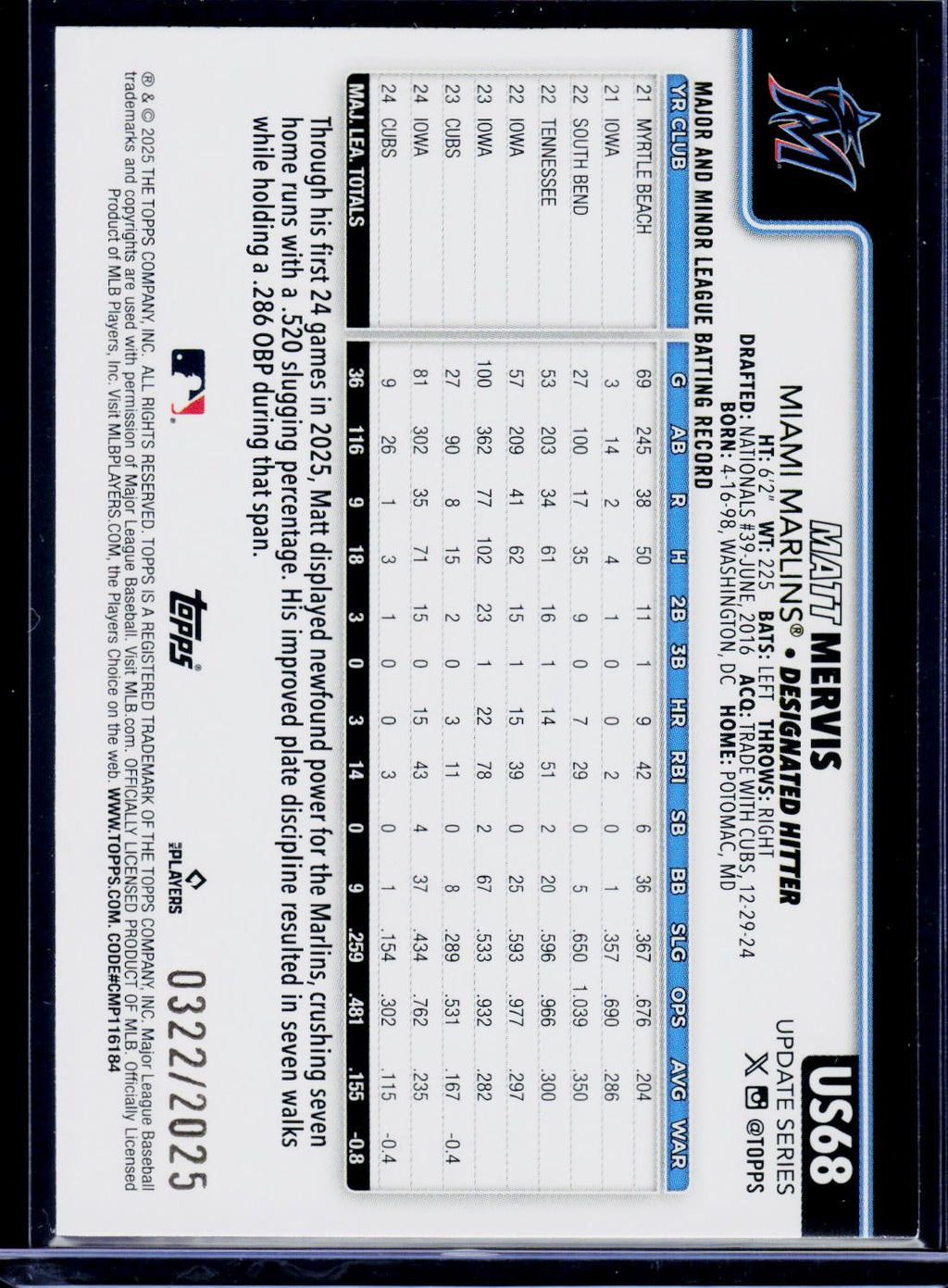 2025 Topps Update #US68 Matt Mervis Gold #/2025