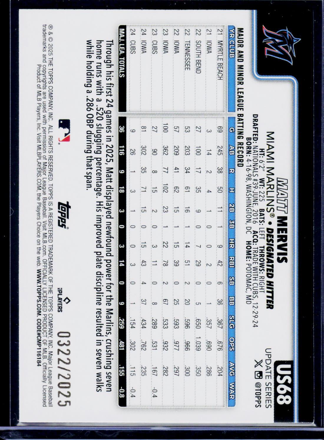 2025 Topps Update #US68 Matt Mervis Gold #/2025