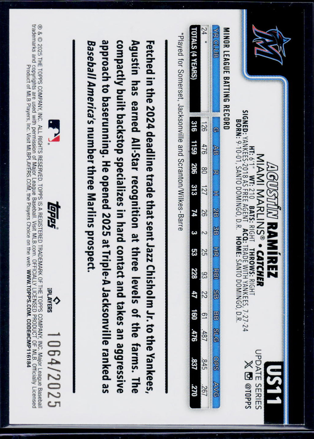 2025 Topps Update #US11 Agustín Ramírez Gold #/2025