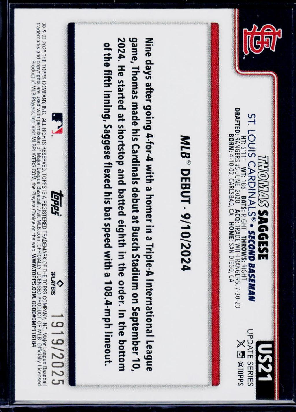 2025 Topps Update #US21 Thomas Saggese Gold #/2025