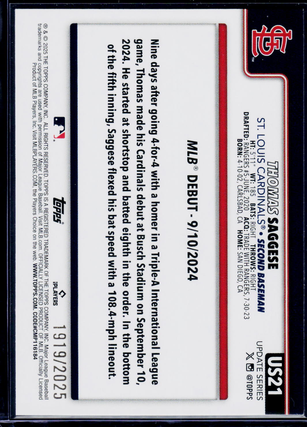 2025 Topps Update #US21 Thomas Saggese Gold #/2025