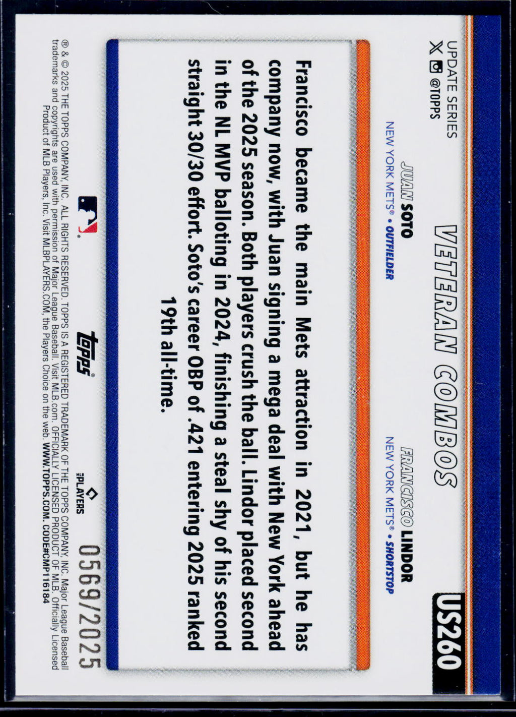 2025 Topps Update #US260 Francisco Lindor / Juan Soto Gold #/2025