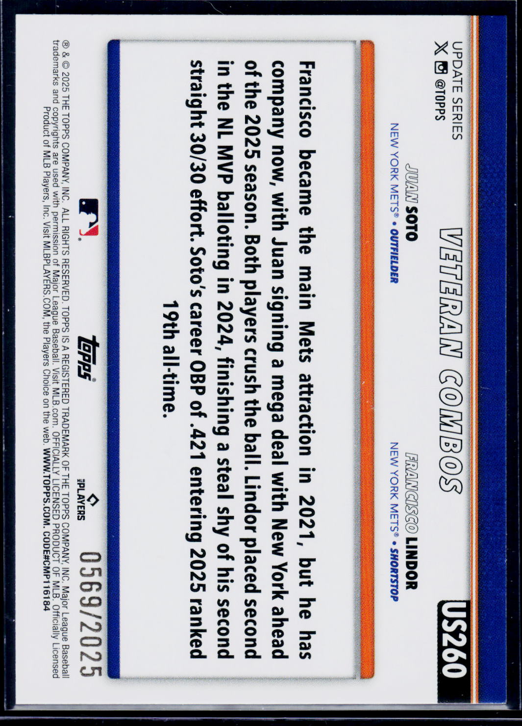 2025 Topps Update #US260 Francisco Lindor / Juan Soto Gold #/2025