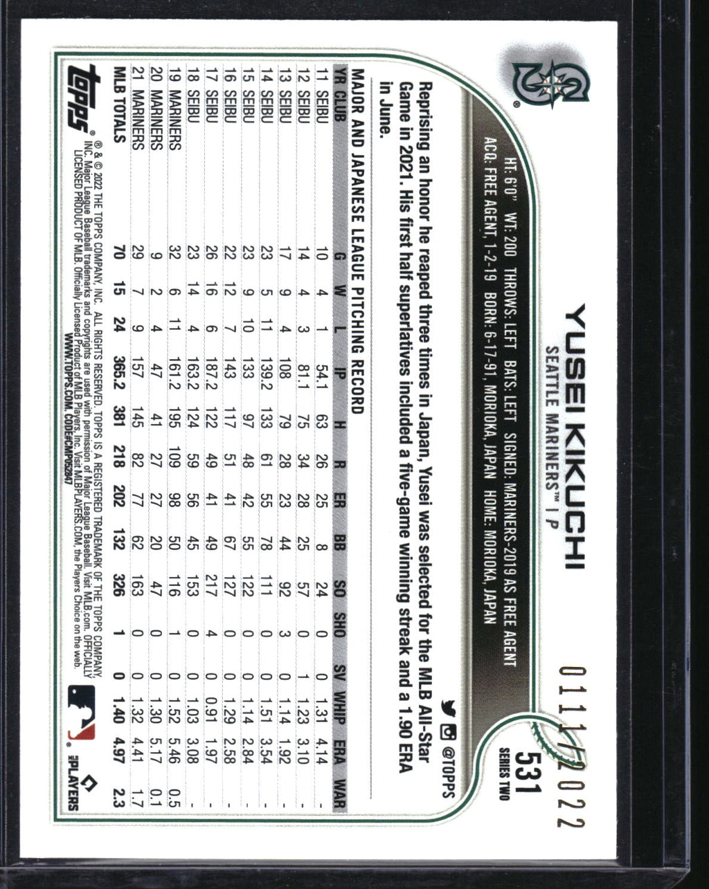 2022 Topps #531 Yusei Kikuchi Gold #/2022