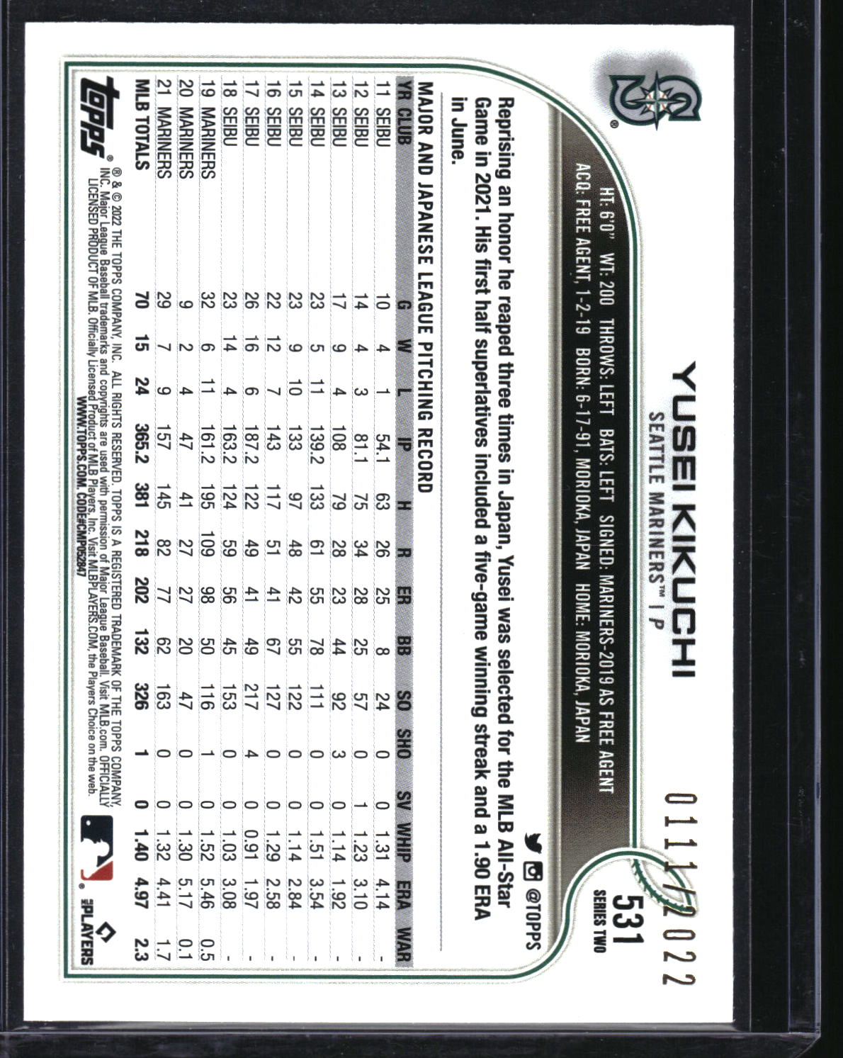 2022 Topps #531 Yusei Kikuchi Gold #/2022