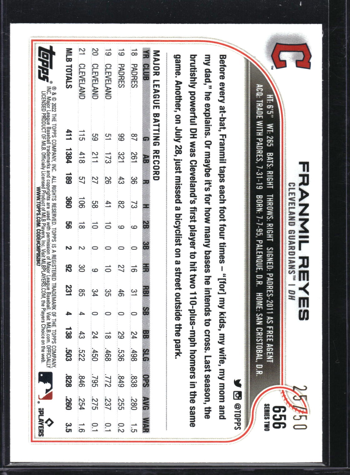 2022 Topps #656 Franmil Reyes Mother's Day Hot Pink #/50