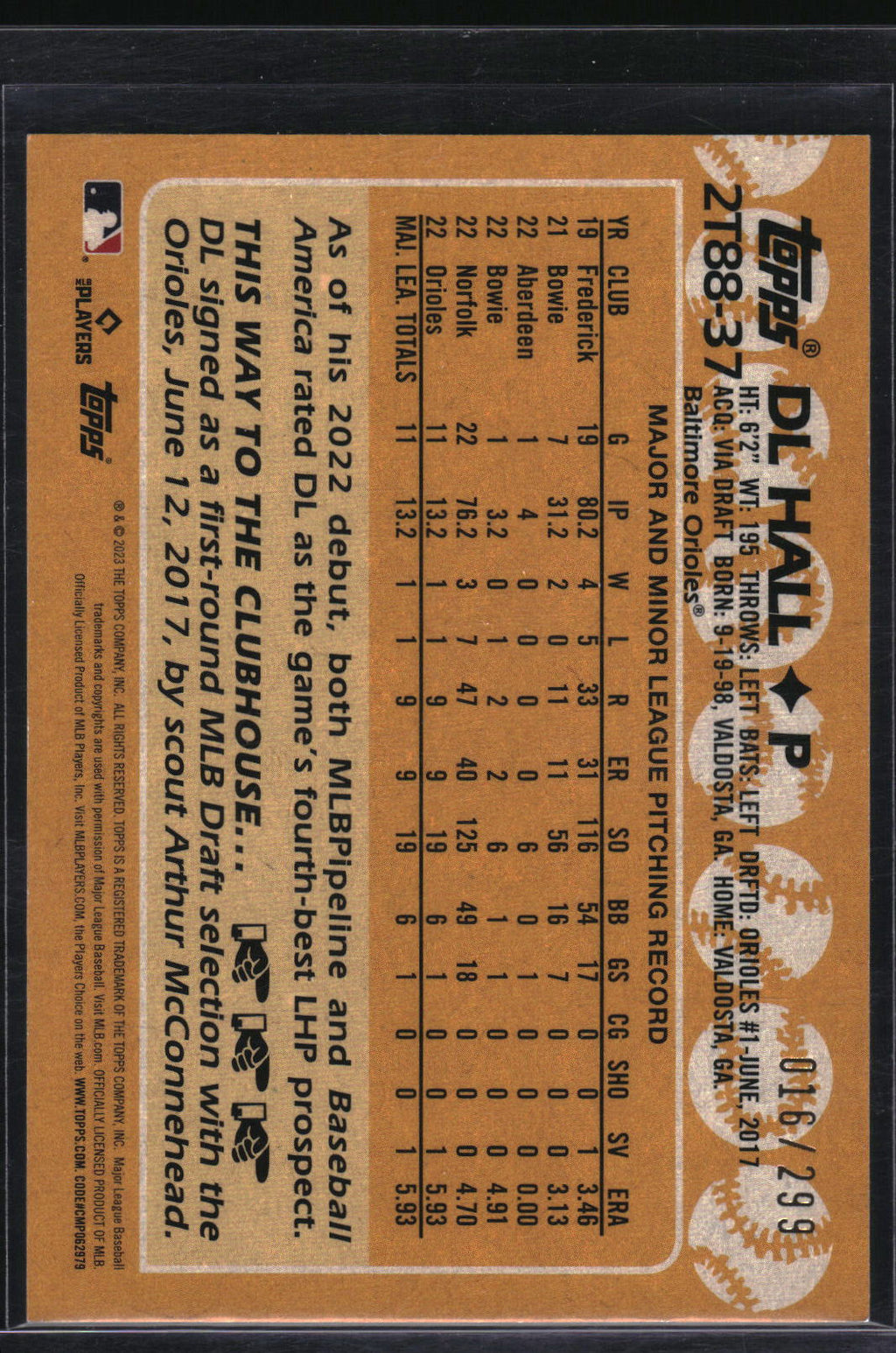 2023 Topps #2T88-37 DL Hall 1988 Topps Baseball 35th Anniversary Black /299