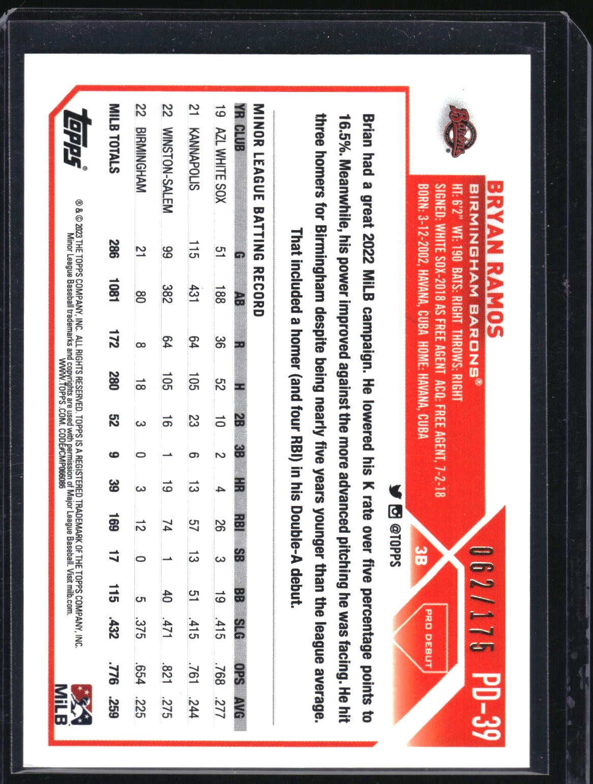 2023 Topps Pro Debut #PD-39 Bryan Ramos Sparkle #/175