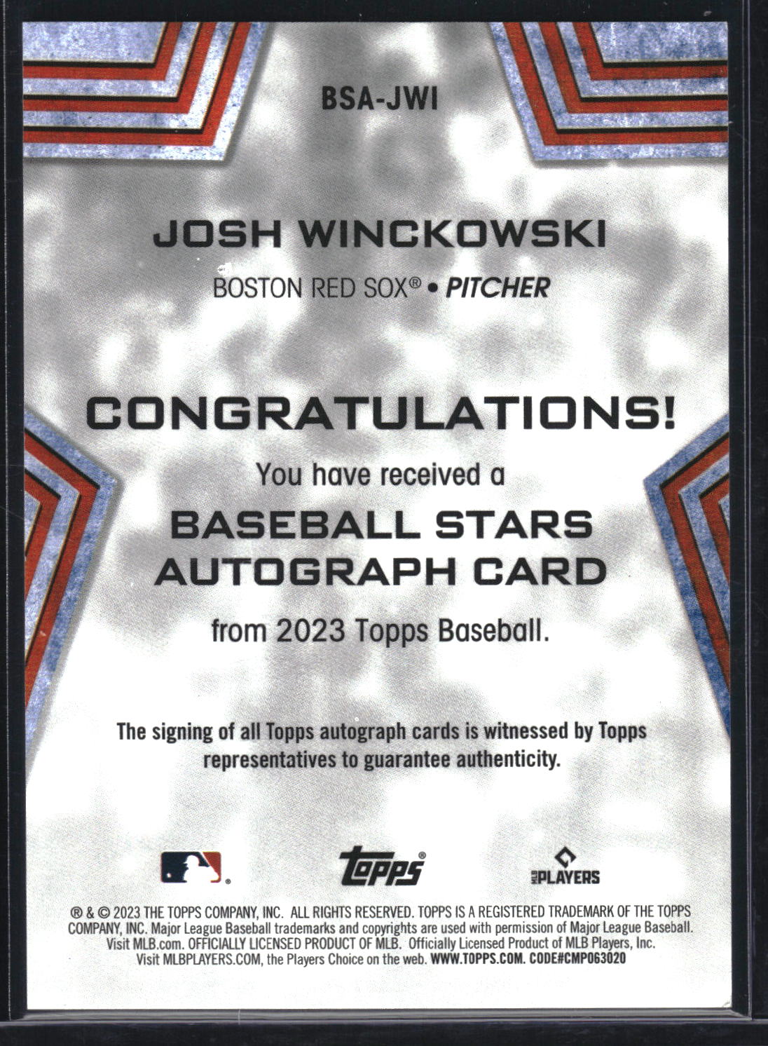 2023 Topps #BSA-JWI Josh Winckowski Baseball Stars Autographs (Series Two)