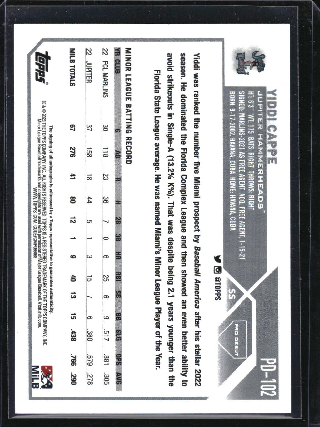 2023 Topps Pro Debut #PD-102 Yiddi Cappe Autographs
