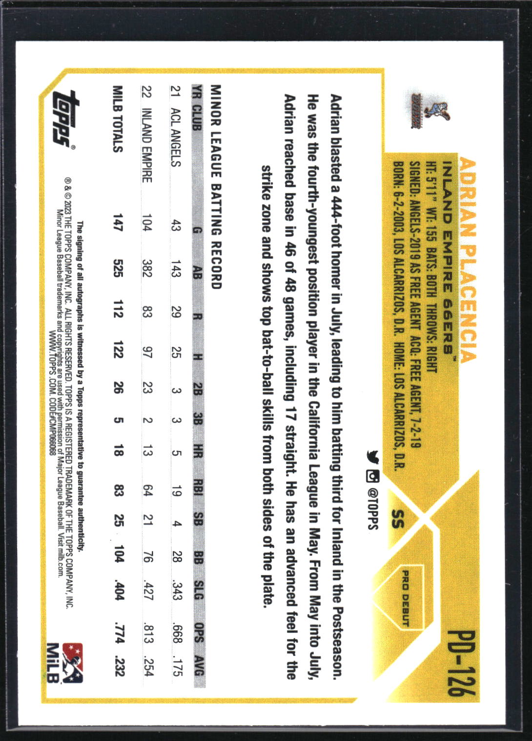 2023 Topps Pro Debut #PD-126 Adrian Placencia Autographs