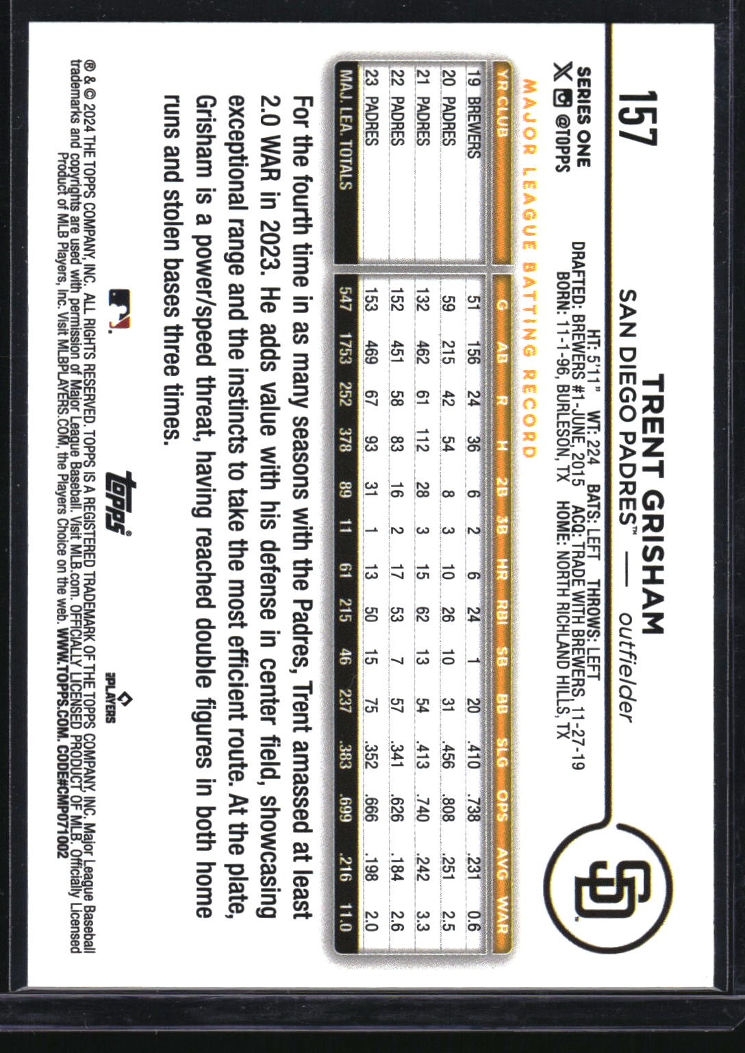 2024 Topps #157 Trent Grisham Yellow Foil
