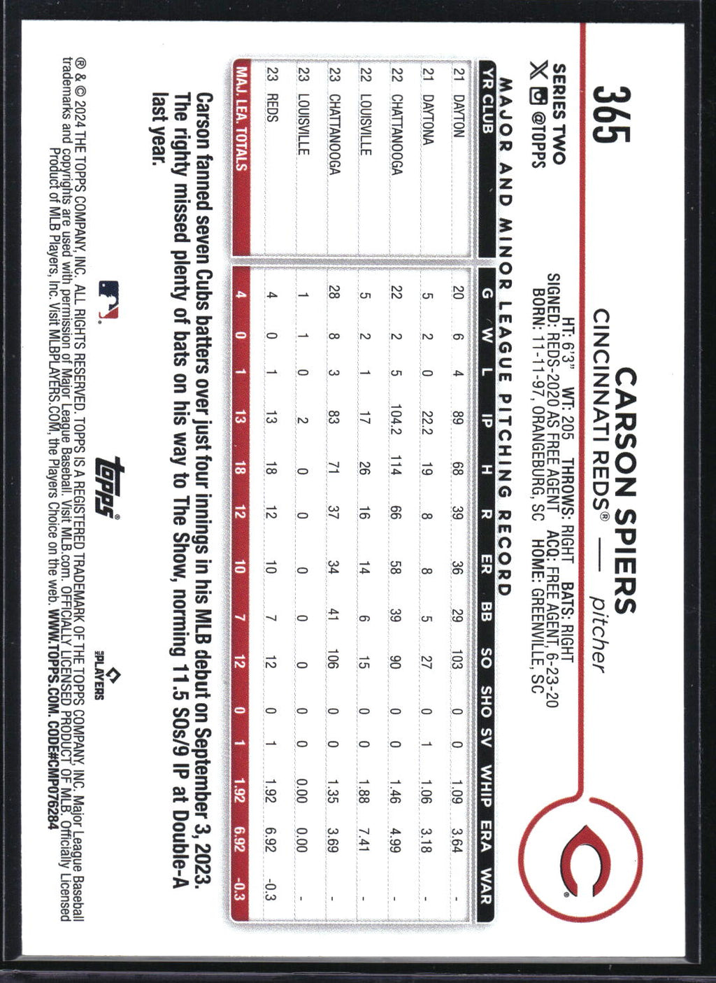 2024 Topps #365 Carson Spiers True Photo Variation