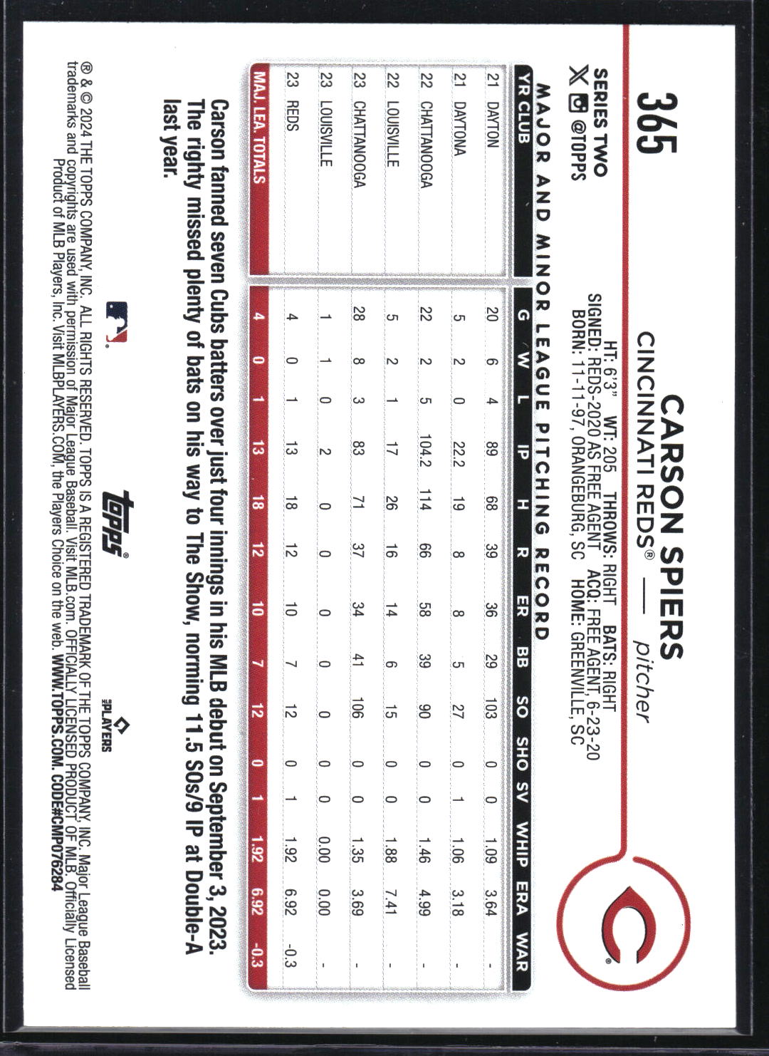 2024 Topps #365 Carson Spiers True Photo Variation