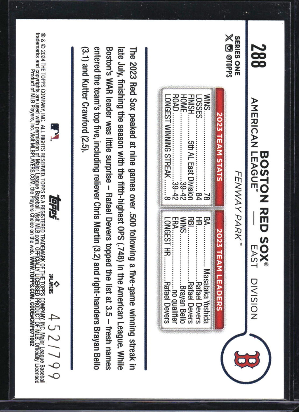 2024 Topps #288 Boston Red Sox Purple Holofoil #/799
