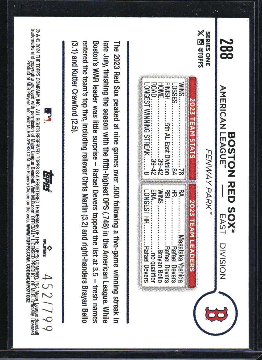 2024 Topps #288 Boston Red Sox Purple Holofoil #/799