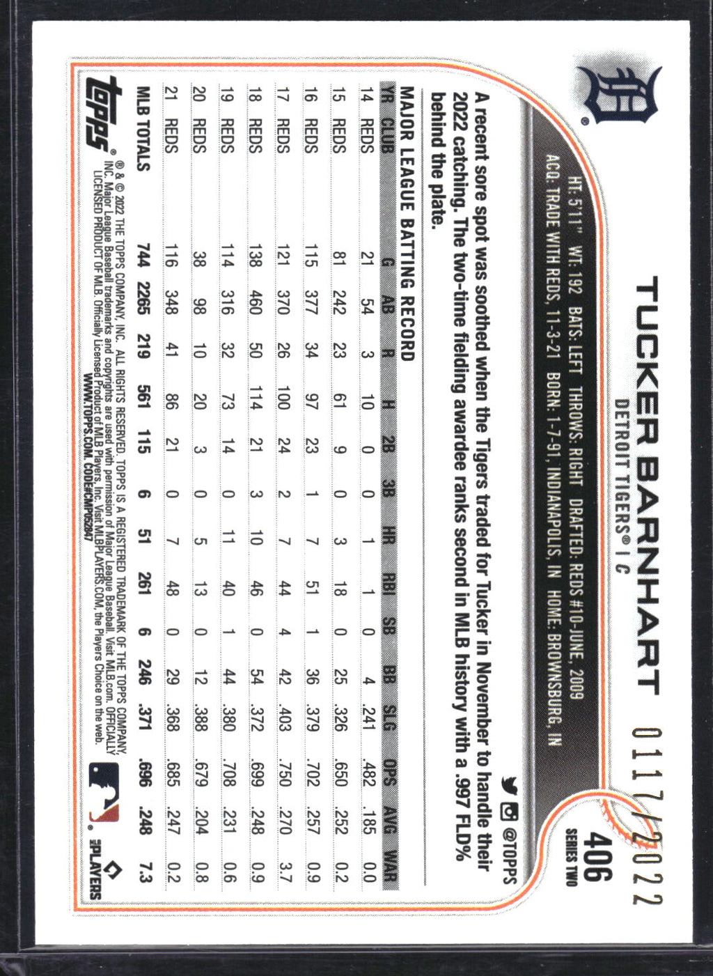 2022 Topps #406 Tucker Barnhart Gold #/2022