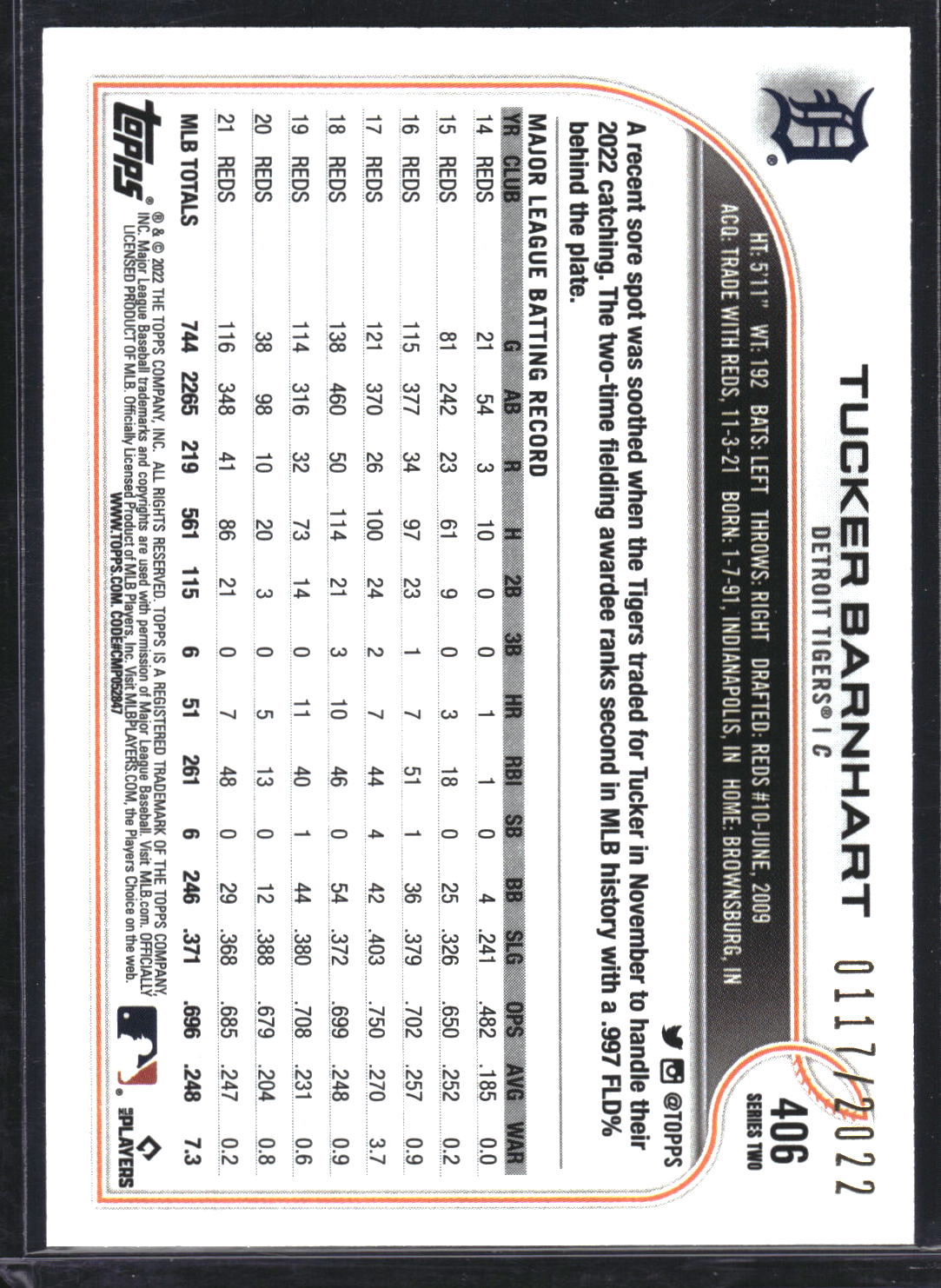2022 Topps #406 Tucker Barnhart Gold #/2022