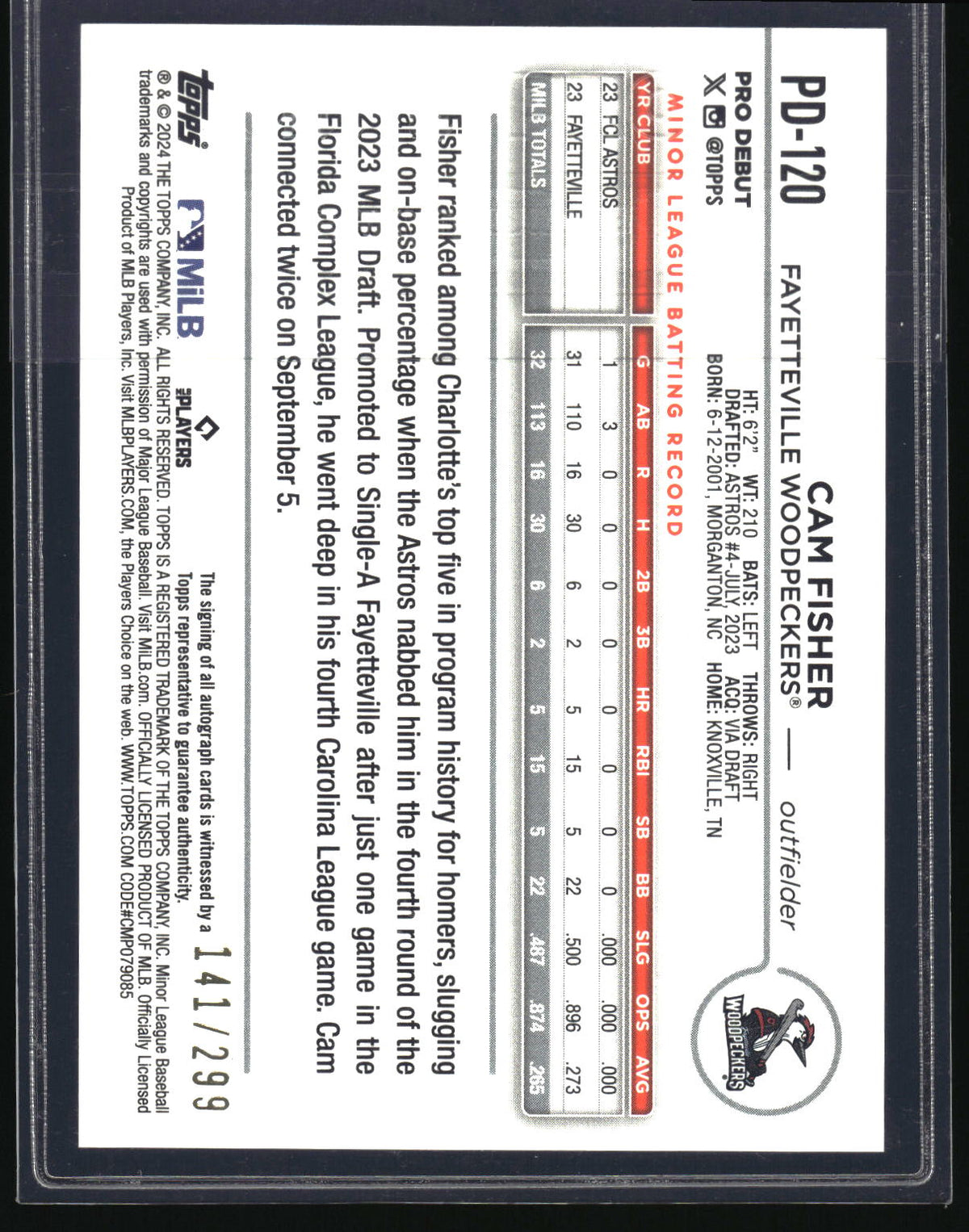 2024 Topps Pro Debut #PD-120 Cam Fisher Autographs Purple Foil #/299