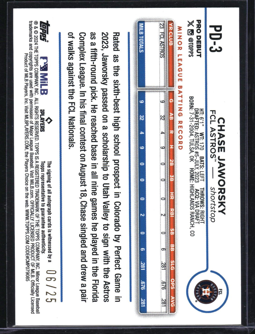 2024 Topps Pro Debut #PD-3 Chase Jaworsky Autographs Orange #/25