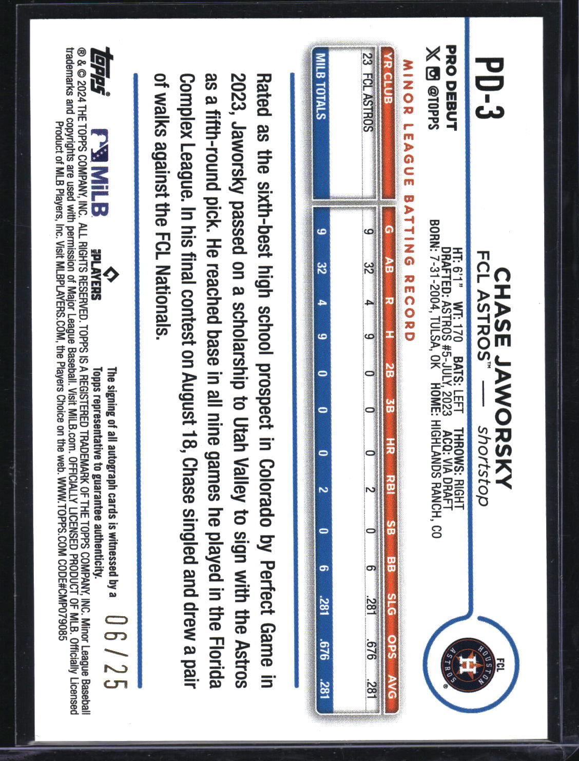 2024 Topps Pro Debut #PD-3 Chase Jaworsky Autographs Orange #/25