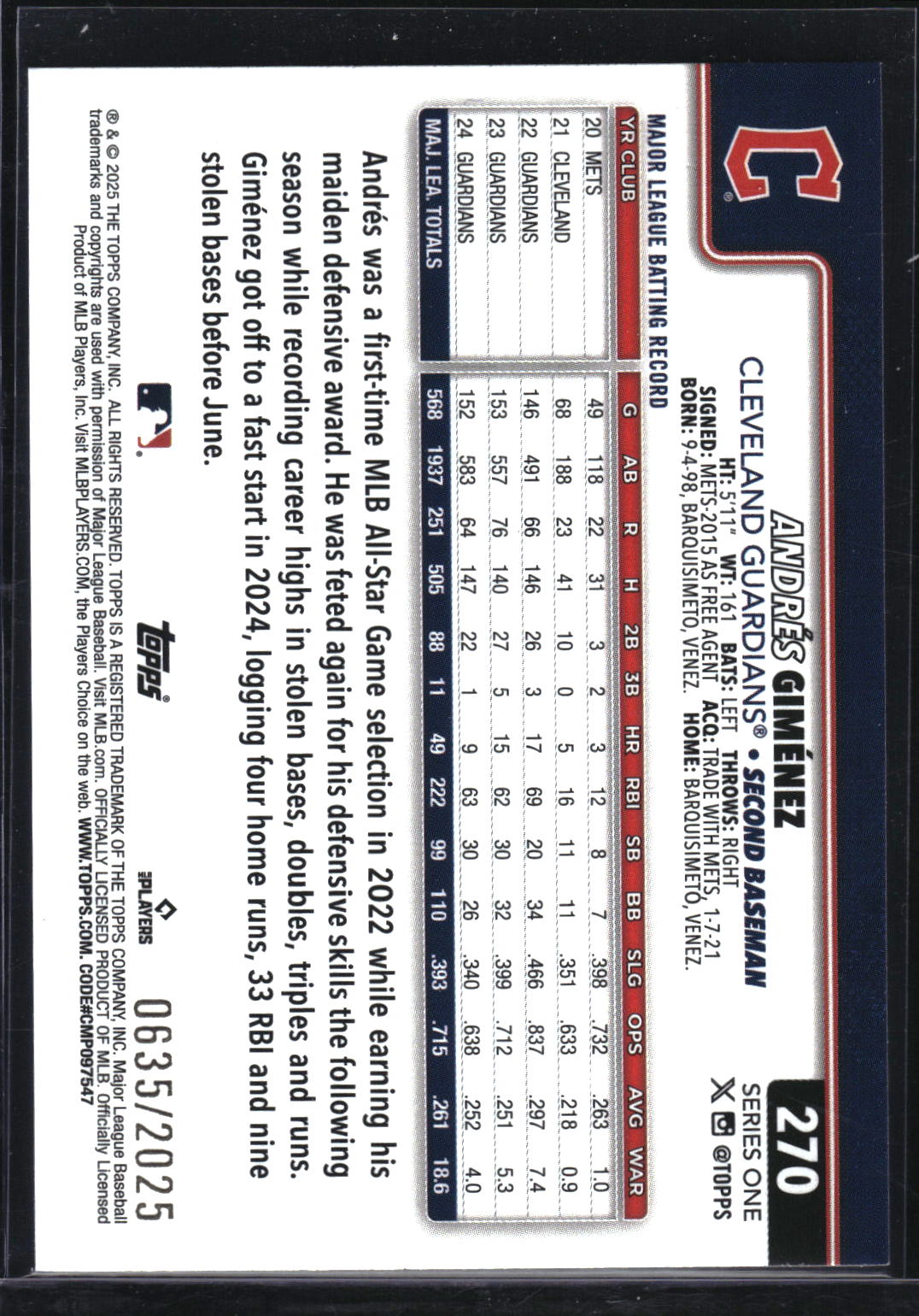 2025 Topps #270 Andrés Giménez Gold #/2025