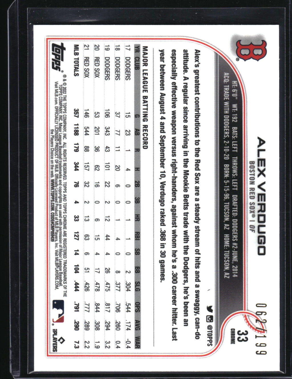 2022 Topps Chrome Sonic #33 Alex Verdugo Aqua/Pink Sonic Pulse Refractor #/199