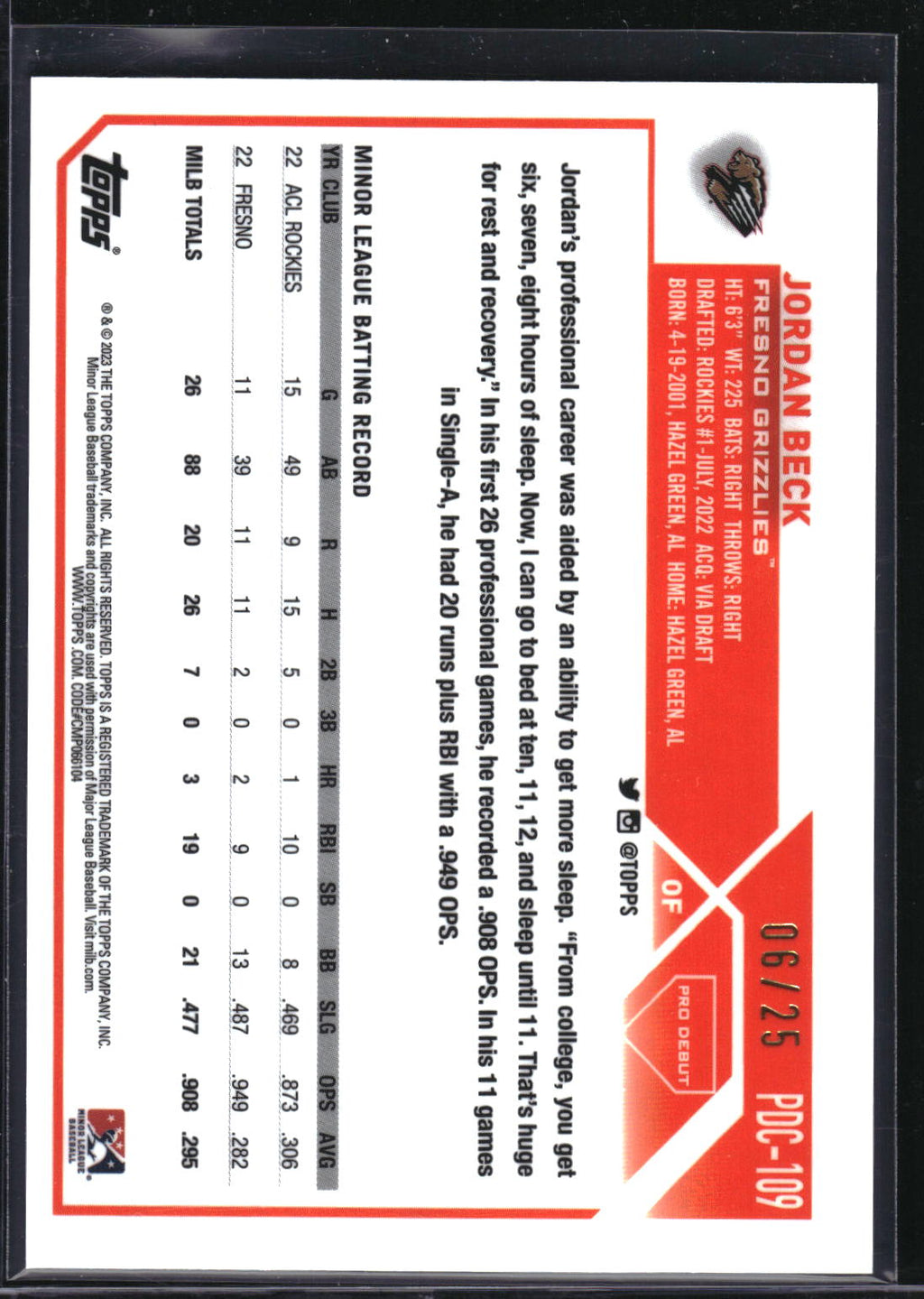 2023 Topps Pro Debut #PDC-109 Jordan Beck Orange Mini-Diamond Refractor #/25