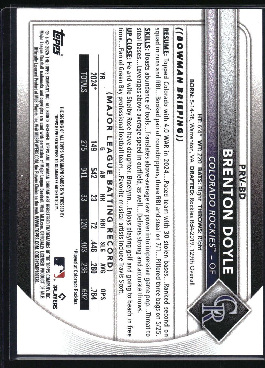 2025 Bowman #PRV-BD Brenton Doyle Rookies and Veterans Autographs Gold #/50