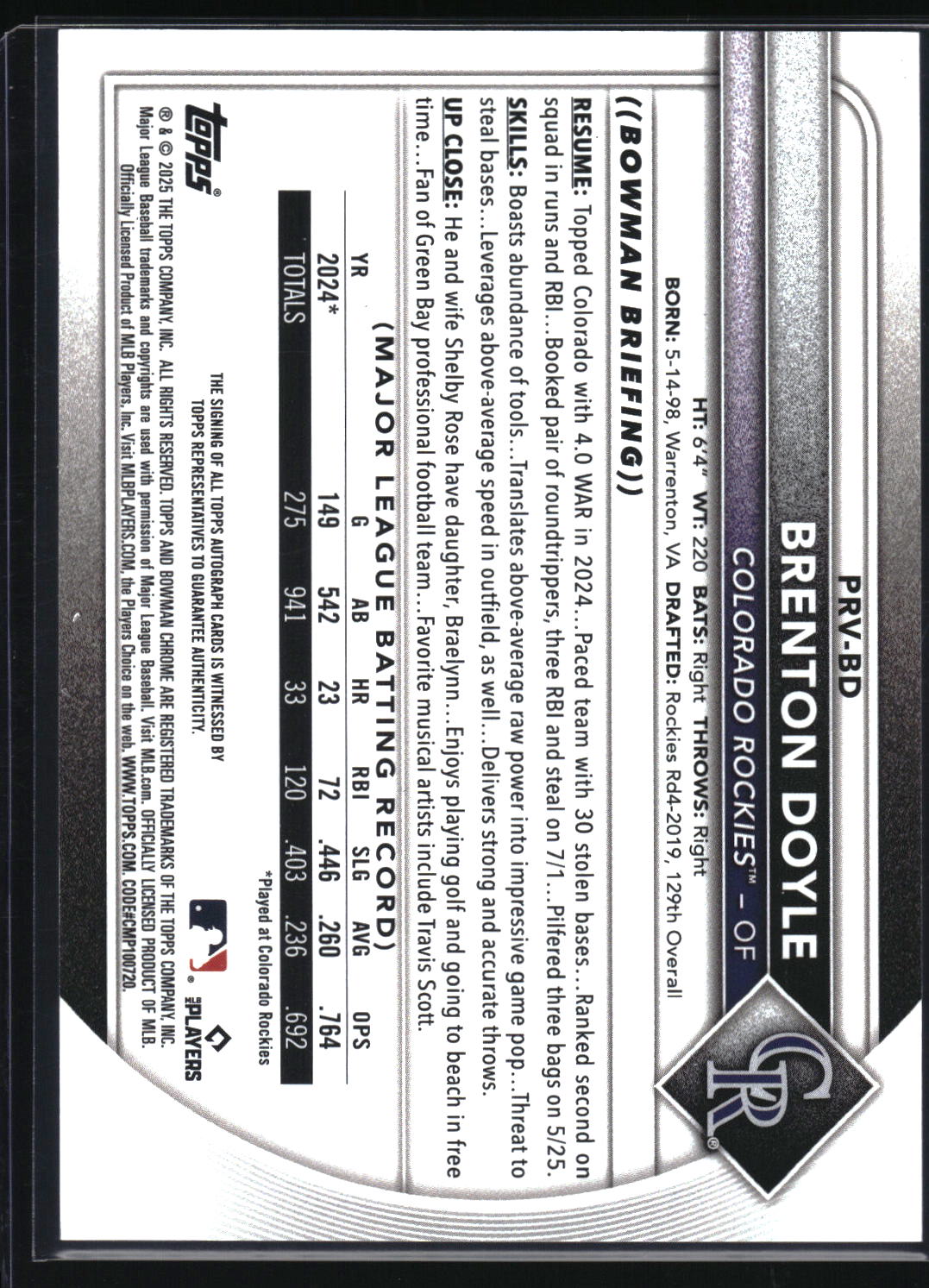2025 Bowman #PRV-BD Brenton Doyle Rookies and Veterans Autographs Gold #/50