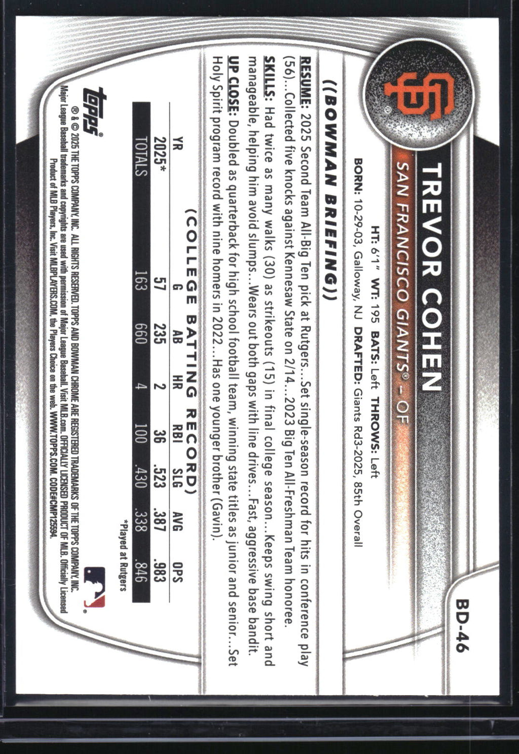 2025 Bowman Draft #BD-46 Trevor Cohen Sky Blue Border #/499