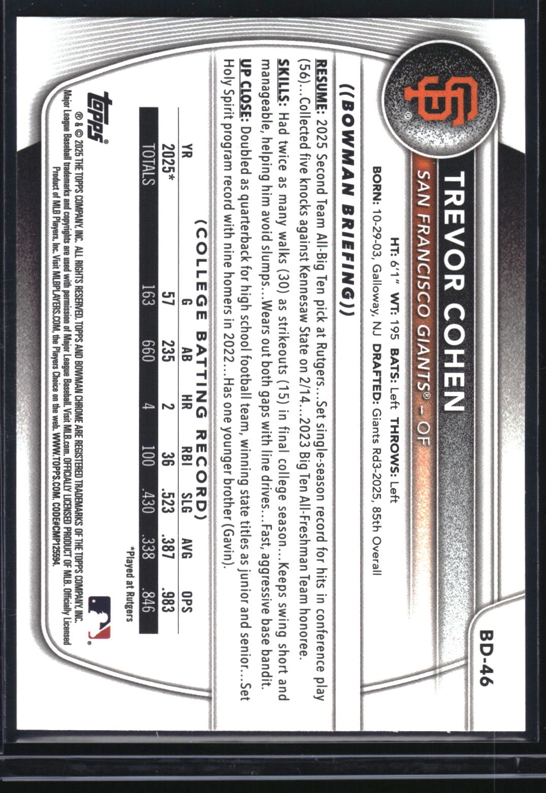 2025 Bowman Draft #BD-46 Trevor Cohen Sky Blue Border #/499