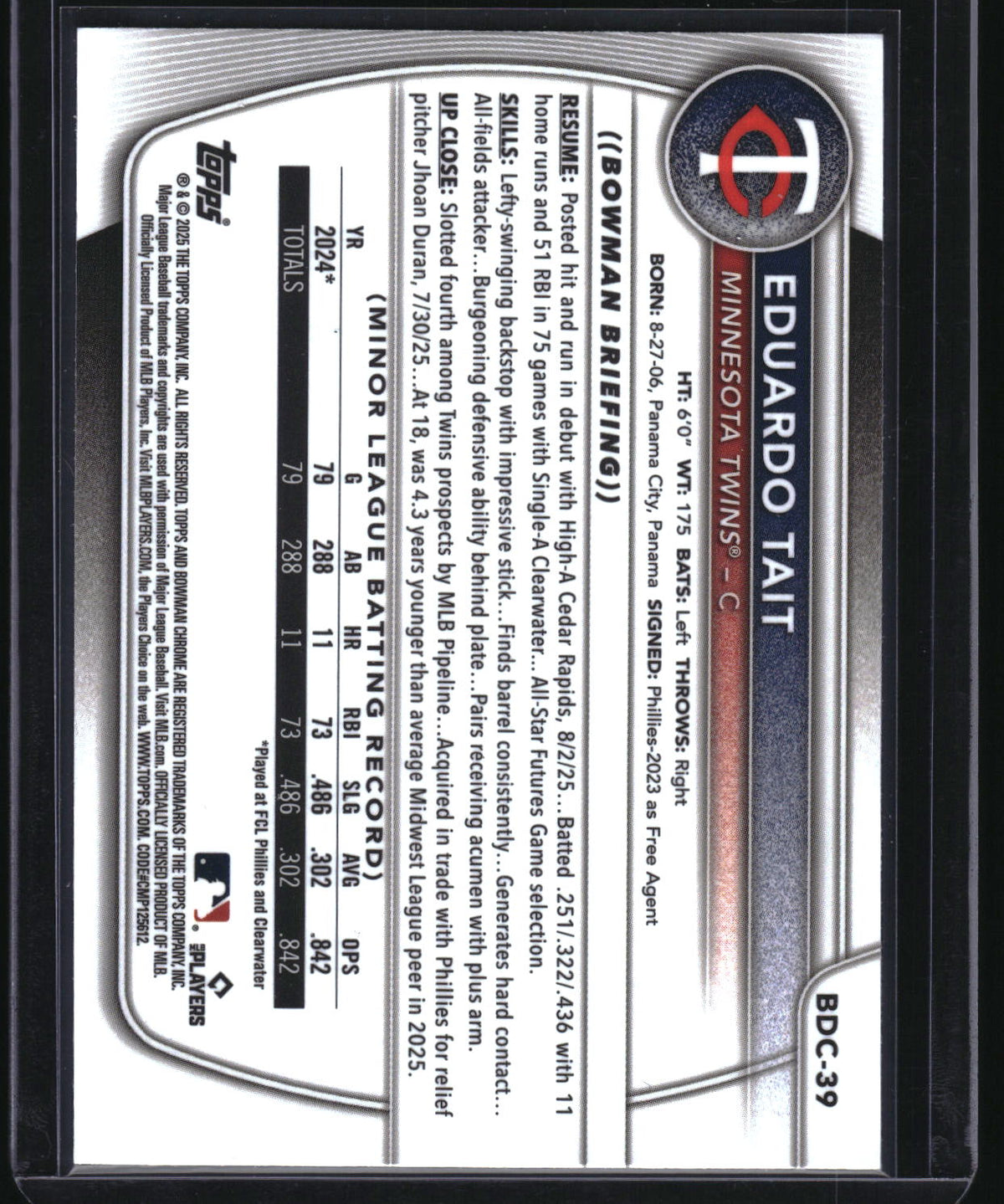 2025 Bowman Draft #BDC-39 Eduardo Tait Chrome Sparkle Refractor