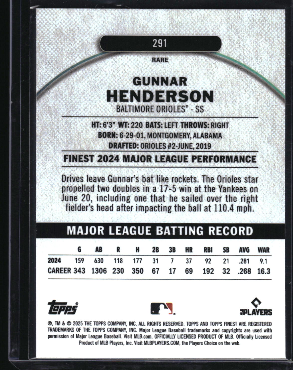 2025 Finest #291 Gunnar Henderson Checkerboard Refractor