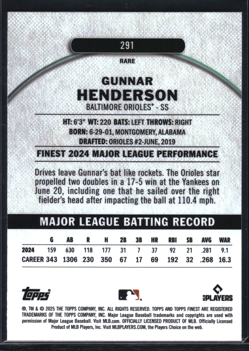 2025 Finest #291 Gunnar Henderson Sky Blue Refractor #/150