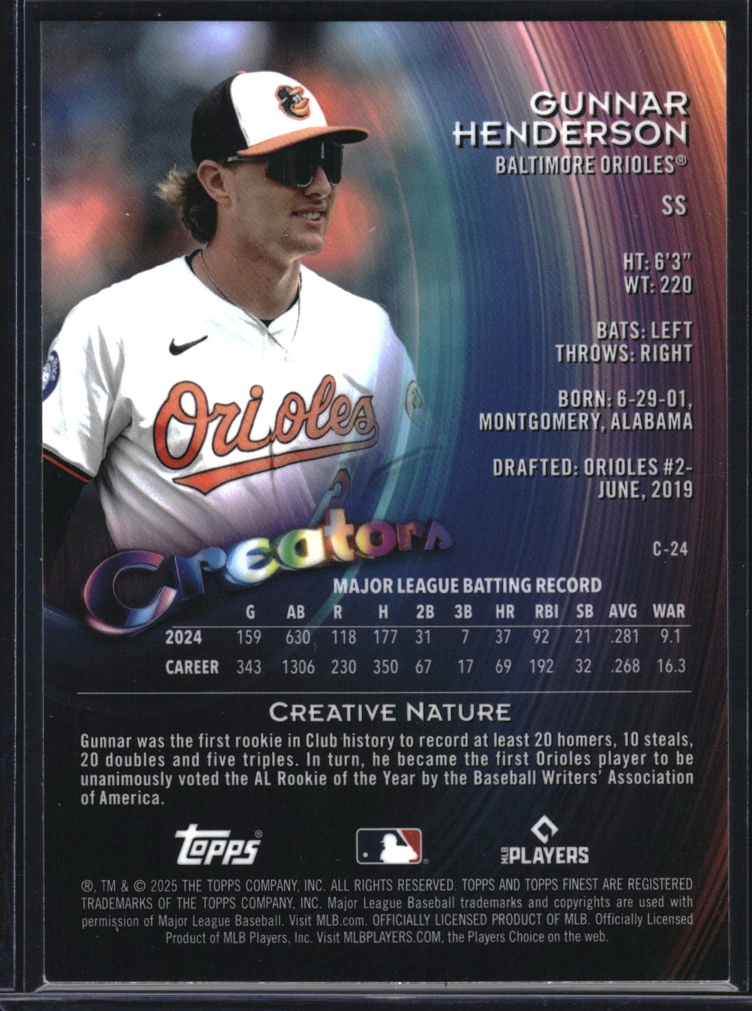 2025 Finest #C-24 Gunnar Henderson Creators Blue Refractor #/99