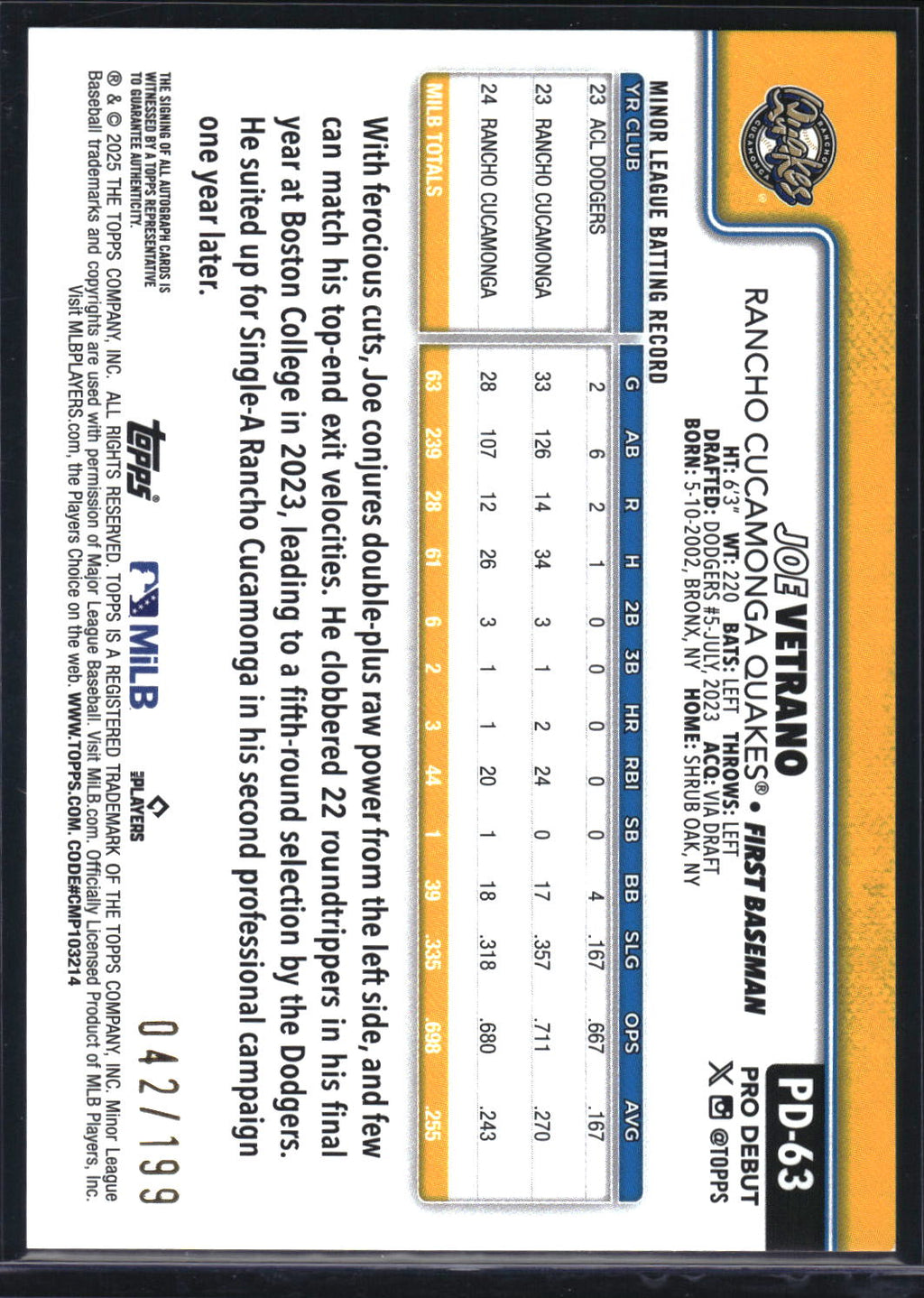 2025 Topps Pro Debut #PD-63 Joe Vetrano Base Autographs Fuchsia Foil #/199
