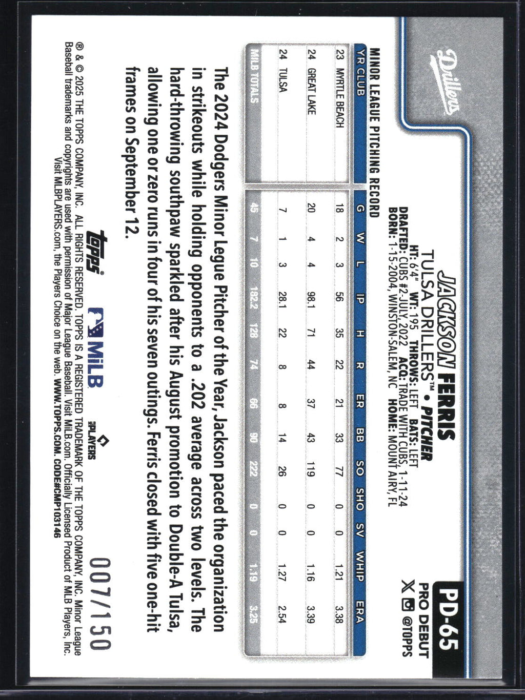 2025 Topps Pro Debut #PD-65 Jackson Ferris Blue Foil #/150