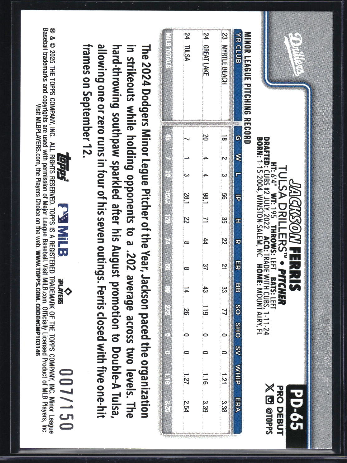 2025 Topps Pro Debut #PD-65 Jackson Ferris Blue Foil #/150