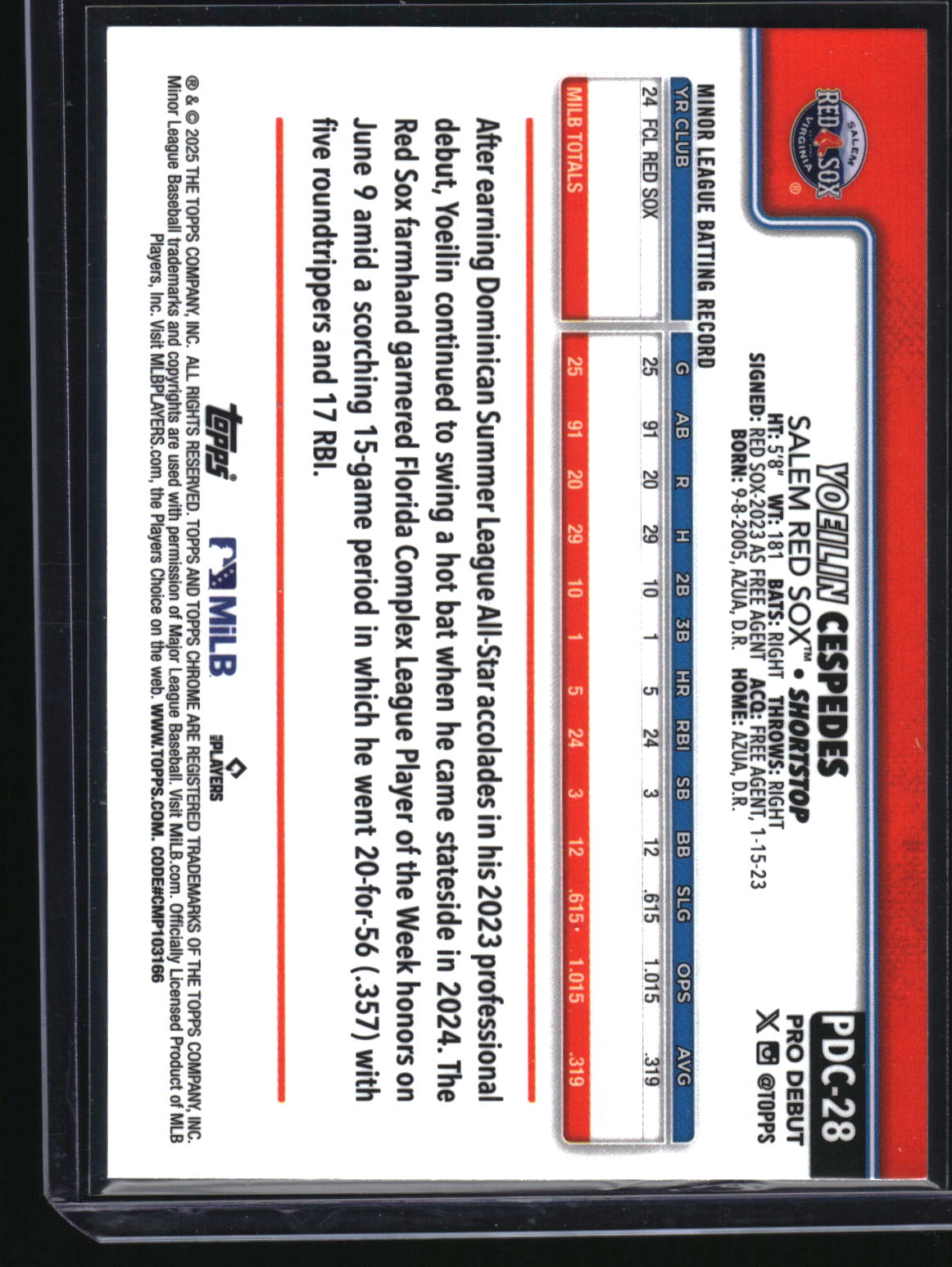 2025 Topps Pro Debut #PDC-28 Yoeilin Cespedes Chrome Blue Refractor #/150