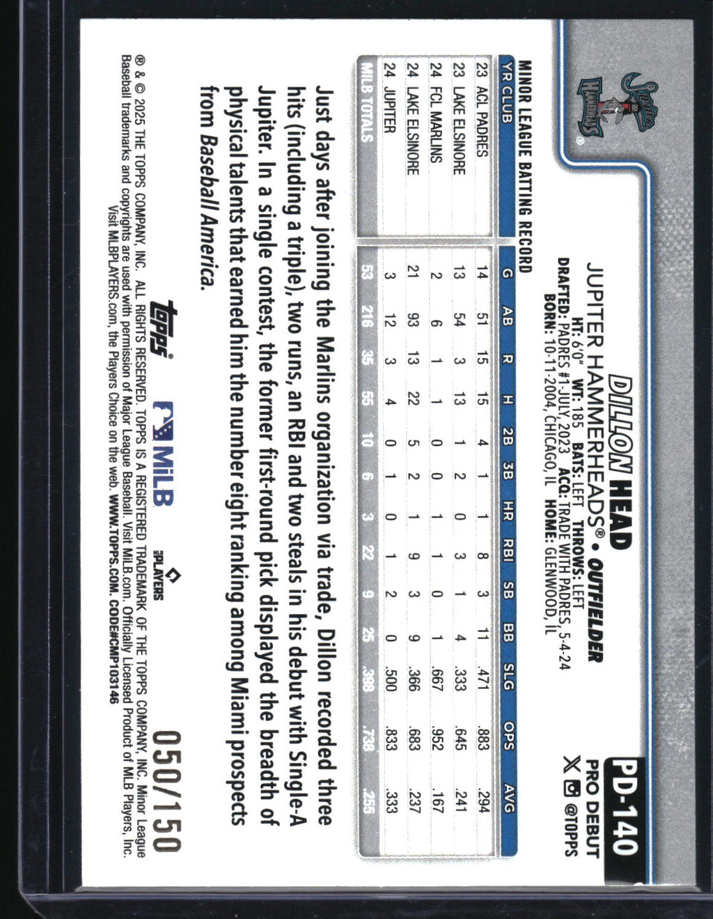 2025 Topps Pro Debut #PD-140 Dillon Head Blue Foil #/150