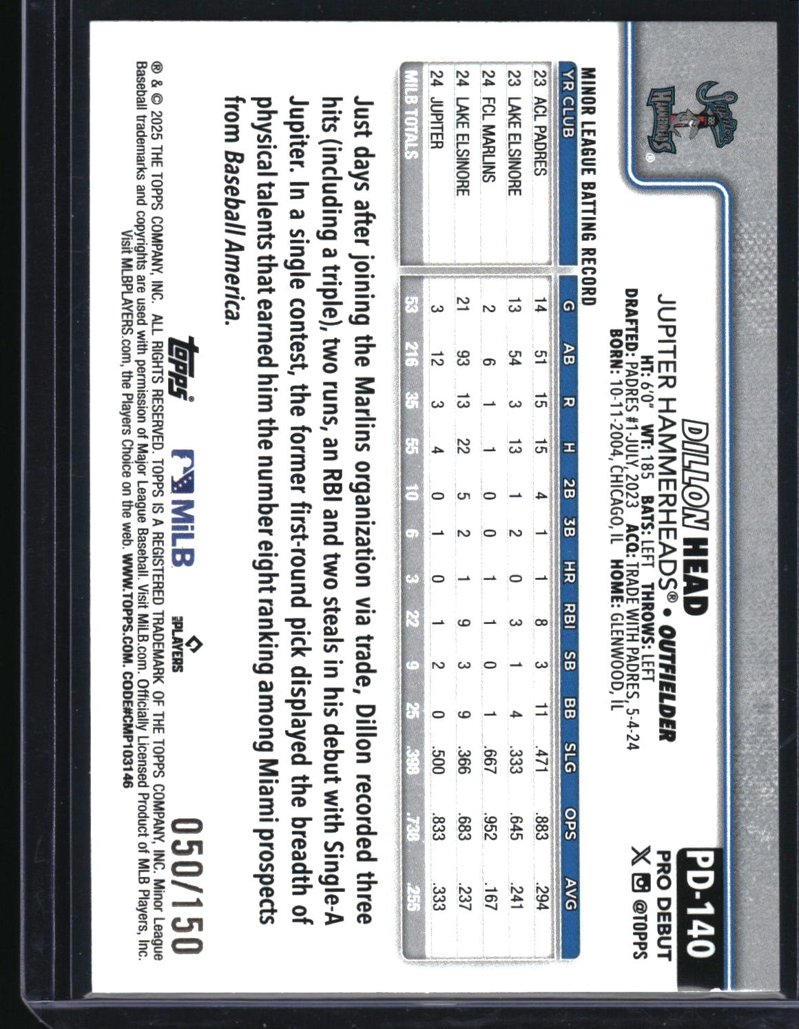 2025 Topps Pro Debut #PD-140 Dillon Head Blue Foil #/150