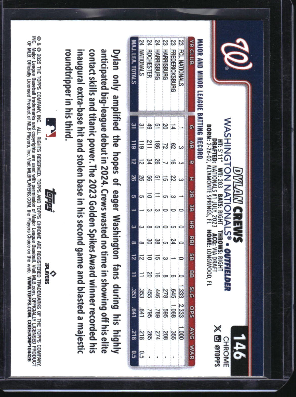 2025 Topps Chrome #146 Dylan Crews Sepia Refractor