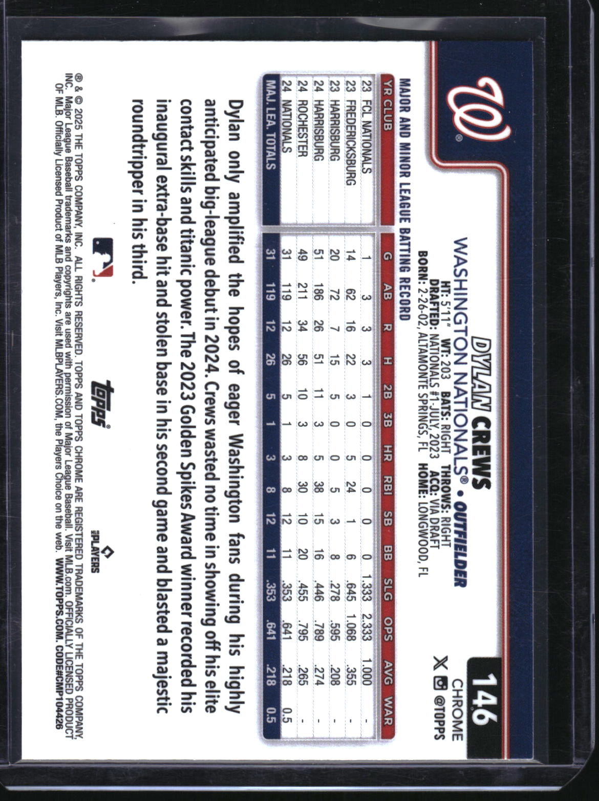 2025 Topps Chrome #146 Dylan Crews Sepia Refractor