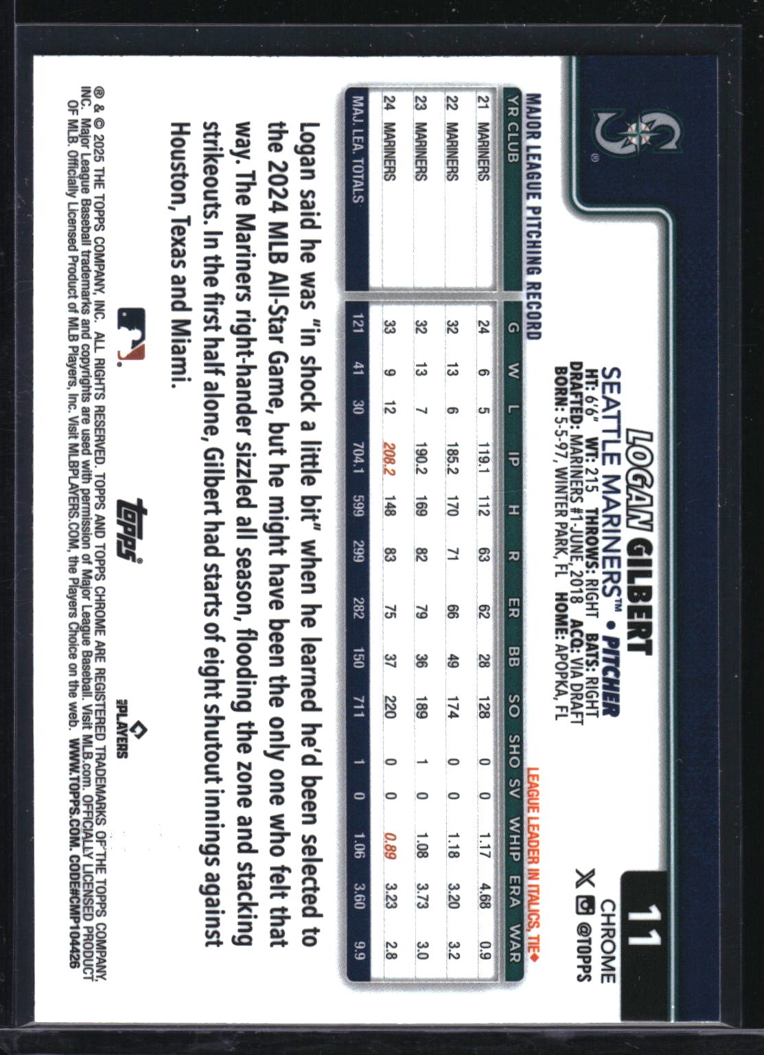 2025 Topps Chrome #11 Logan Gilbert Teal Refractor #/299